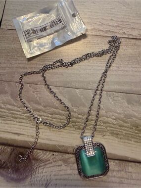 Silver-Tone Necklace with Green Square Glass Pendant and Crystal Accents